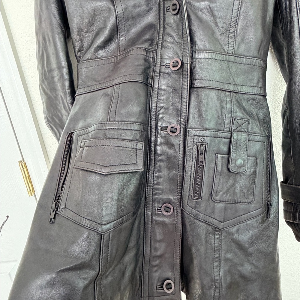 Top Gun Women’s Black Leather Long Coat Jacket Fur Hood S Genuine Leather - Picture 2 of 14